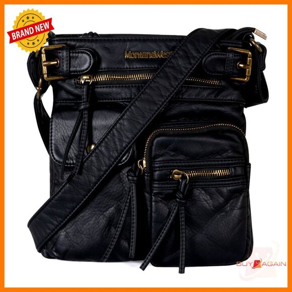 Handbags - Vegan Leather Crossbody Bag with 9 Pockets, Adjustable Strap